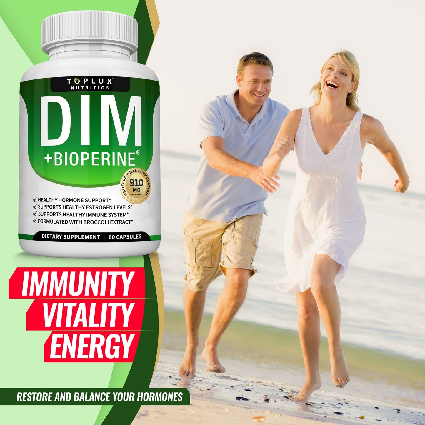 Dim Supplement 910 mg Plus BioPerine Complex - Diindolylmethane to Support Hormone Balance and Estrogen Metabolism, Helps with Menopause Acne PCOS Better Skin Bodybuilding, for Men Women, 60 Capsules