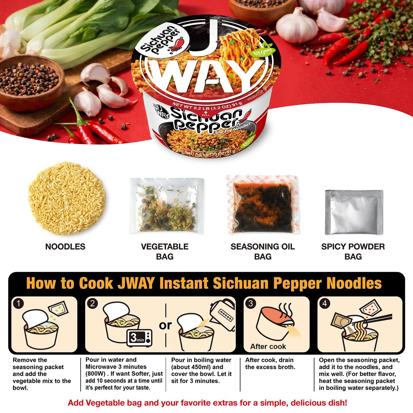 JWAY Sichuan Pepper Stir Fry Noodles, Deep-fried Instant Ramen with Chili Oil, Spicy Dry Tossed Noodles, Real Vegetable Pack, Rich Chili Flavor, Quick & Easy Ready Meal, 3.20 oz (Pack of 12)