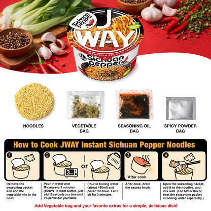 JWAY Sichuan Pepper Stir Fry Noodles, Deep-fried Instant Ramen with Chili Oil, Spicy Dry Tossed Noodles, Real Vegetable Pack, Rich Chili Flavor, Quick & Easy Ready Meal, 3.20 oz (Pack of 12)