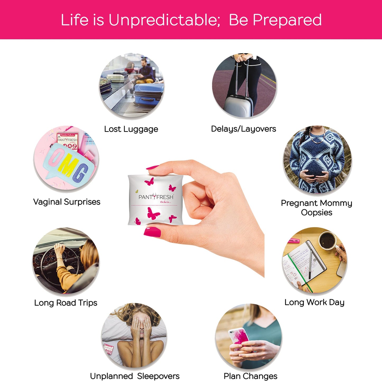 to-Go Panty Kit Includes 4 Items Seamless Thong Underwear Fresh Wipe Pantyliner & Washbag Travel First Period Kit Feminine Hygiene Incontenance Emergency