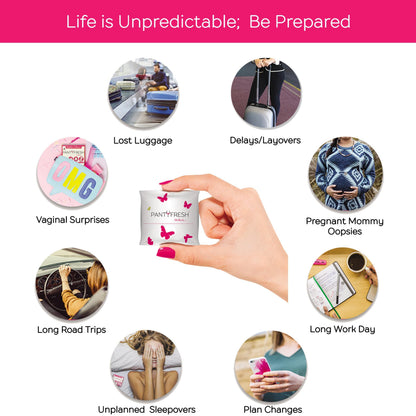 to-Go Panty Kit Includes 4 Items Seamless Thong Underwear Fresh Wipe Pantyliner & Washbag Travel First Period Kit Feminine Hygiene Incontenance Emergency