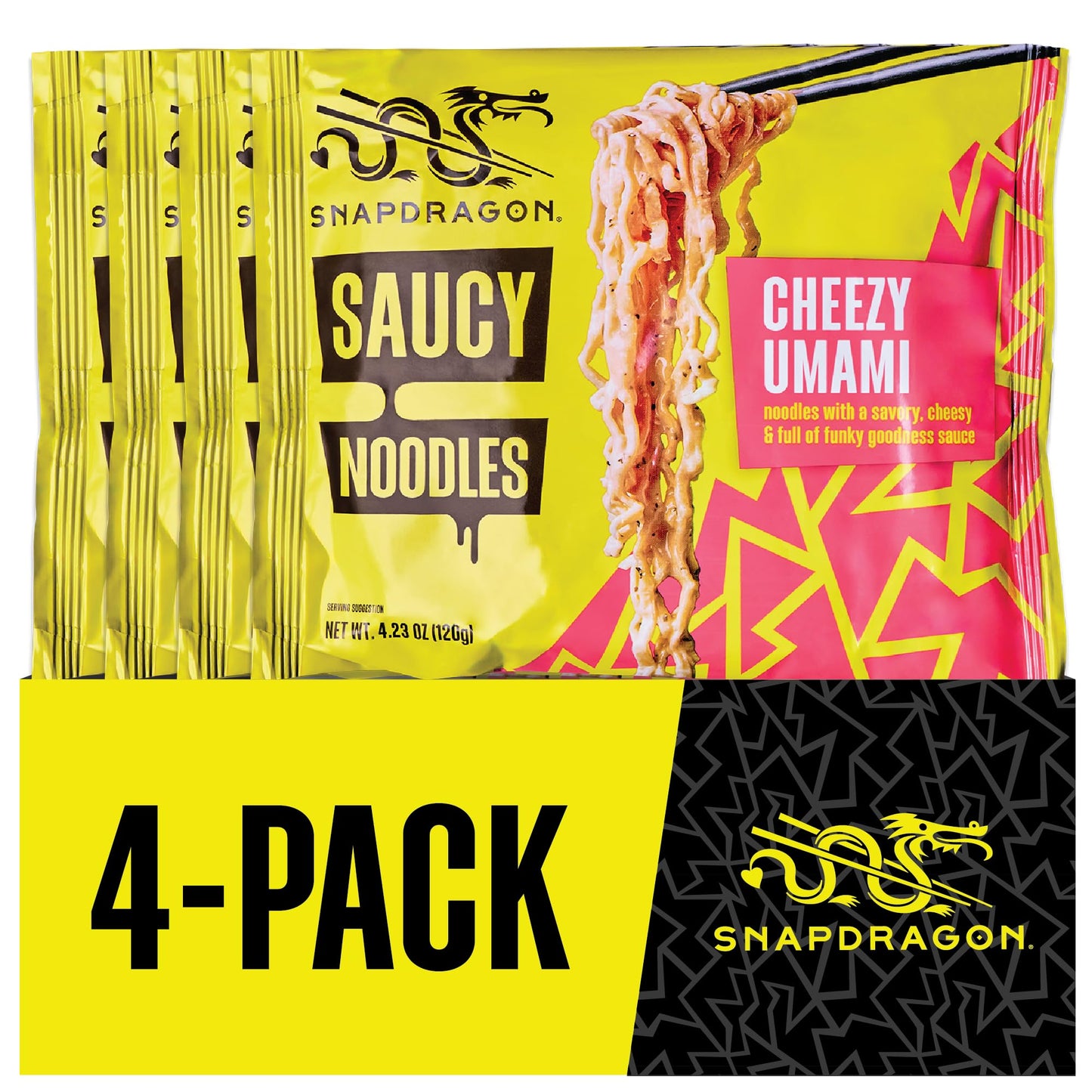 Snapdragon Saucy Instant Noodles with Cheezy Umami, Savory Slurpable Sauce - Quick Meal, Snack, and Lunch. 4-Pack Microwave Noodles for Cup, Bowl, Cheddar Cheese Ramen or Asian Stir Fry