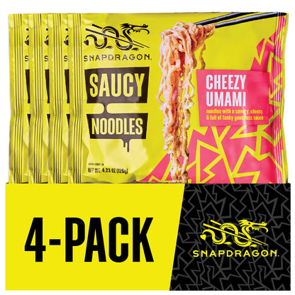 Snapdragon Saucy Instant Noodles with Cheezy Umami, Savory Slurpable Sauce - Quick Meal, Snack, and Lunch. 4-Pack Microwave Noodles for Cup, Bowl, Cheddar Cheese Ramen or Asian Stir Fry