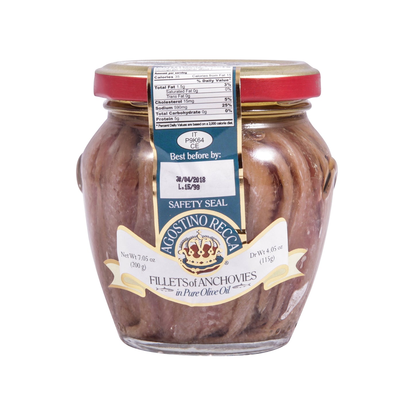 Agostino Recca Fillets of Anchovies in Olive Oil, 200 Gram 7.05 OZ Net Wt