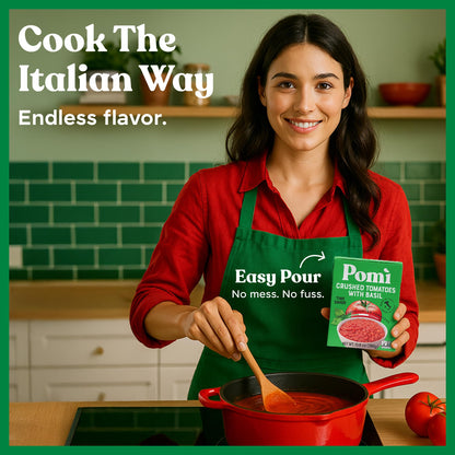 Pomì Crushed Tomatoes with Basil - Creamy, Velvety Italian Sauce, No Salt, Additives/Preservatives, GMO-Free, Gluten-Free, 100% Fresh Tomatoes, 13.8oz (Pack of 12)