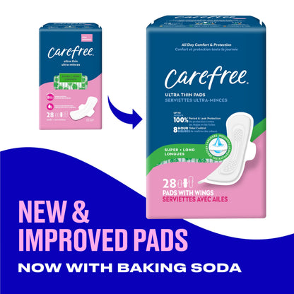 Carefree Ultra Thin Pads for Women, Super/Long Pads with Wings, 84ct (3 Packs of 28ct) | Carefree Feminine Care, Period Care & Postpartum | 84ct (3 Packs of 28ct)