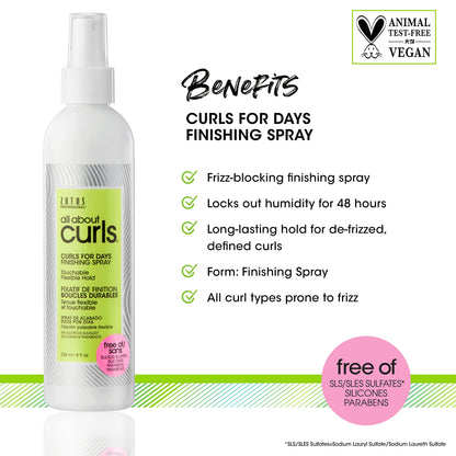 ALL ABOUT CURLS Curls For Days Finishing Spray | Touchable Flexible Hold | De-Frizz | Locks Out Humidity | All Curly Hair Types | Vegan & Cruelty Free | Sulfate Free | 8 Fl Oz