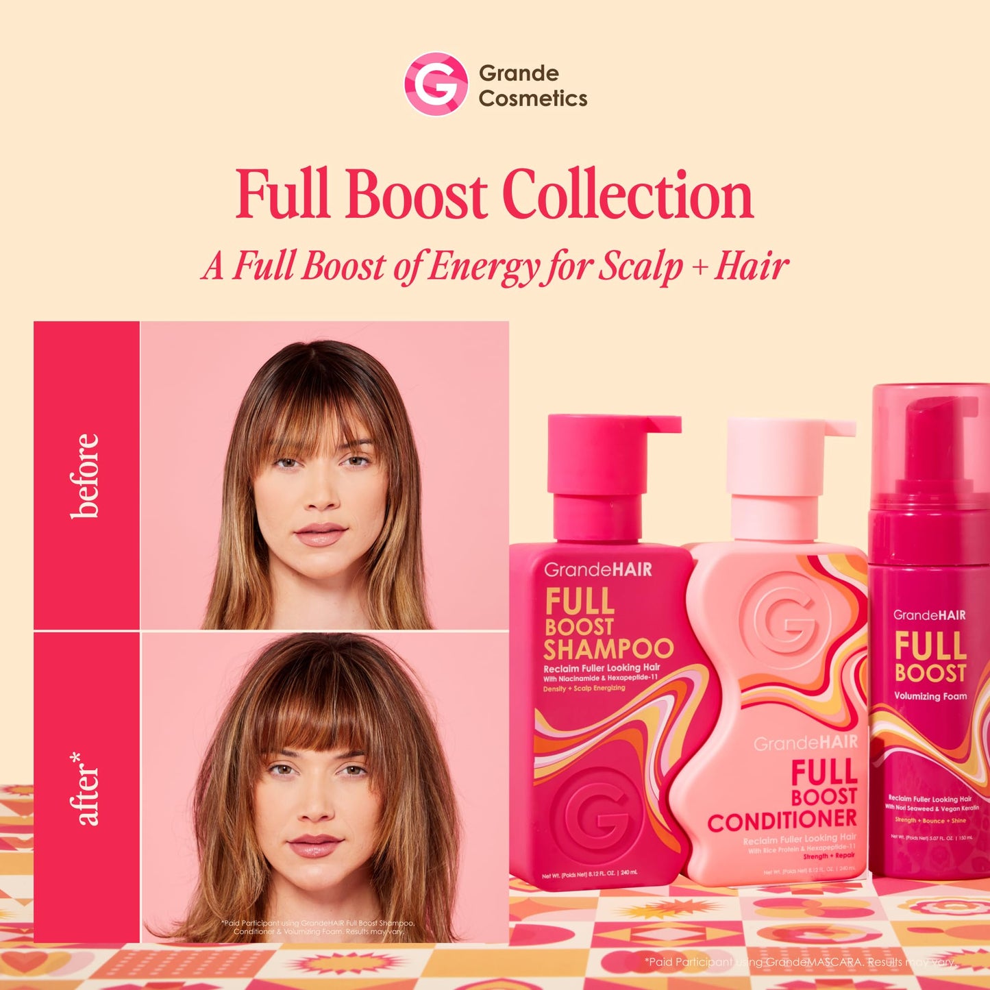 Grande Cosmetics GrandeHAIR Full Boost Starter Kit - Travel Size Shampoo, Conditioner, Volumizing Foam & Enhancing Serum - for Fuller & Thicker-Looking Hair