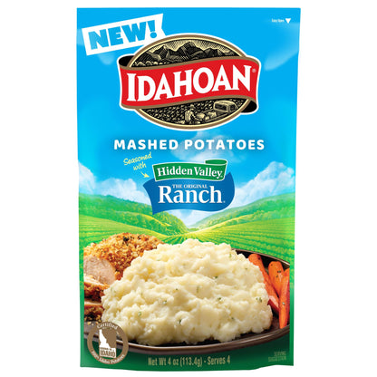 Idahoan Mashed Potatoes Seasoned with Hidden Valley Original Ranch, Naturally Gluten-Free, 100% Real Idaho Potatoes, 4 servings per bag, 4 ounce (Pack of 12)
