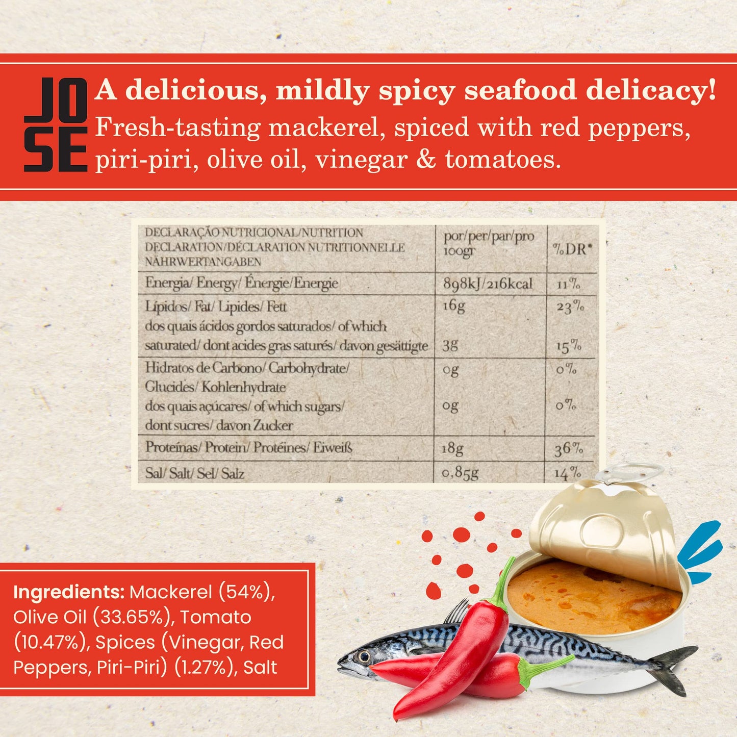 Canned Spiced Mackerel Paté by Jose Gourmet, Wild Caught Portuguese Mackerel, Canned Fish Paté, Omega 3, Fair Trade, 75g Can, Pack of 3