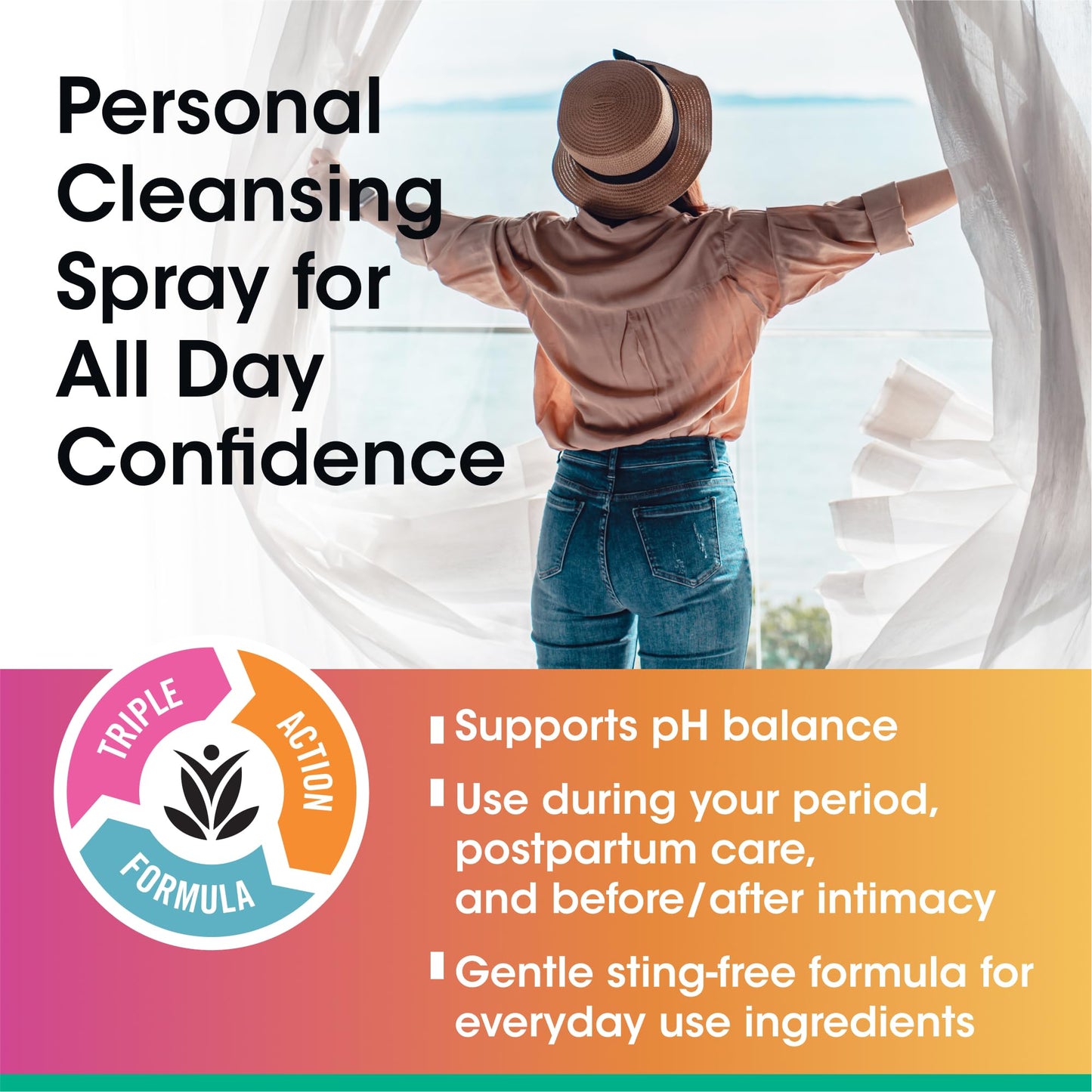 vH essentials Personal Cleansing Spray, pH Balancing Lactic Acid, Sting-Free, Witch Hazel Formula, Fragrance free, Paraben free, Sprays upside down for easy external intimate cleansing, 4 floz