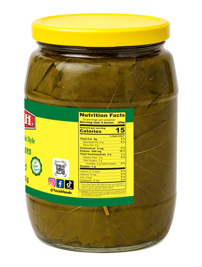 TAZAH California Style Turkish Grape Leaves in Jar – Vegan & Vegetarian – Perfect for Dolmas (Stuffed Grape Leaves) – Tender & Delicious – Net 32oz (Drained 16oz)