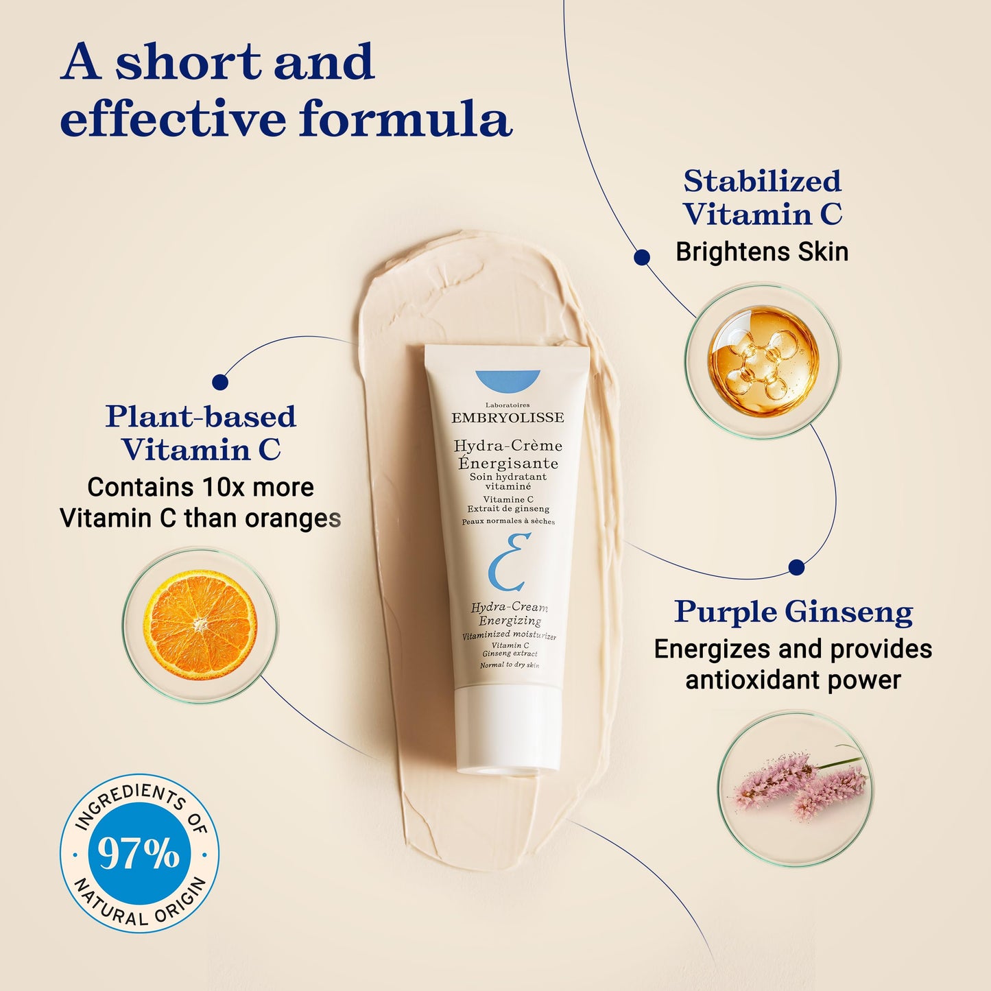 Embryolisse Vitamin C Energizing Face Moisturizer. Radiance-Boosting, Anti-Aging Daily Cream for Immediate and long-lasting hydration & Glow, 1.35 Fl Oz