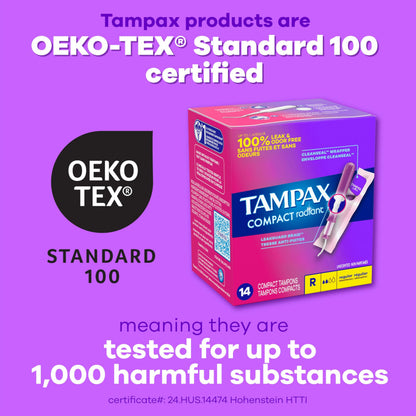 Tampax Compact Radiant Tampons for Women Multipack, with LeakGuard Braid & Extendable Applicator, Regular/Super Absorbency, Unscented, 84 Count (Pack of 2)
