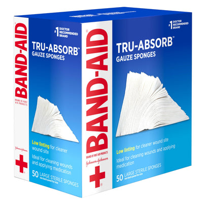 BAND-AID Brand First Aid Products Tru-Absorb Sterile Gauze Sponges for Cleaning and Cushioning Minor Wounds, Cuts & Burns, Low-Lint Design, Individually Wrapped 4 in by 4 in Pads