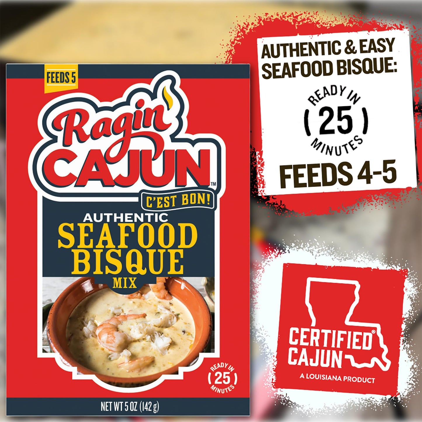 Ragin' Cajun Rich Seafood Bisque Mix - 5 oz Box, No MSG, Authentic Louisiana Creole Shrimp Soup, Perfect for Quick Family Meals, Gourmet Crab Crawfish Stew, Easy Cajun Recipe with Premium Creole Flavor