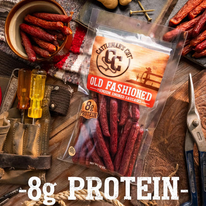 Cattleman's Cut Old Fashioned Smoke Sausage Meat Sticks, Premium Protein Snacks, Keto Friendly, Gluten Free, Carnivore Travel Snack, Resealable Bag, 12 Ounce