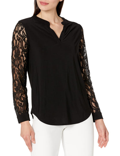 Kasper Women's Split Neck Top W/Combo SLV-Black