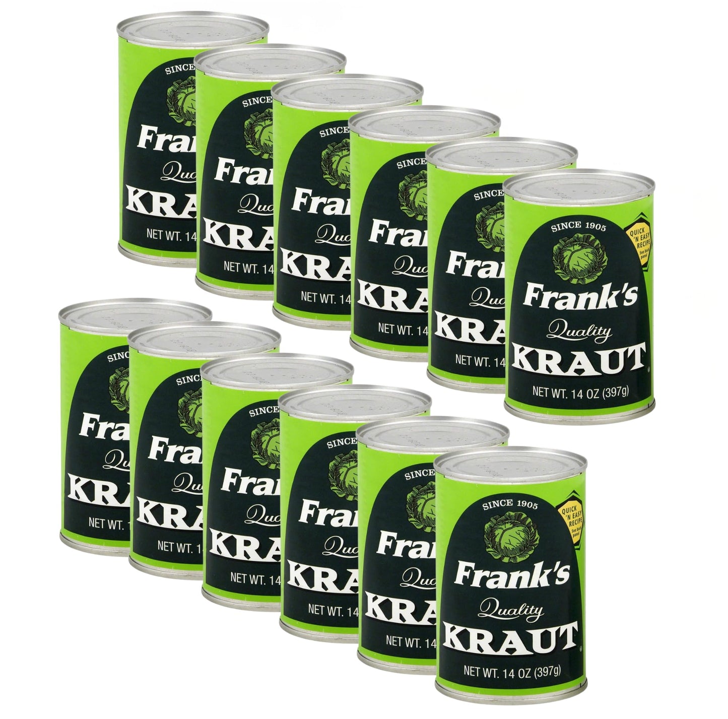Frank’s Quality Kraut 14oz Cans (12 Pack) – Naturally Fermented Sauerkraut | Tangy, Crisp Flavor | Gluten-Free, Vegan | Perfect for Hot Dogs, Brats, Reubens & Family Meals