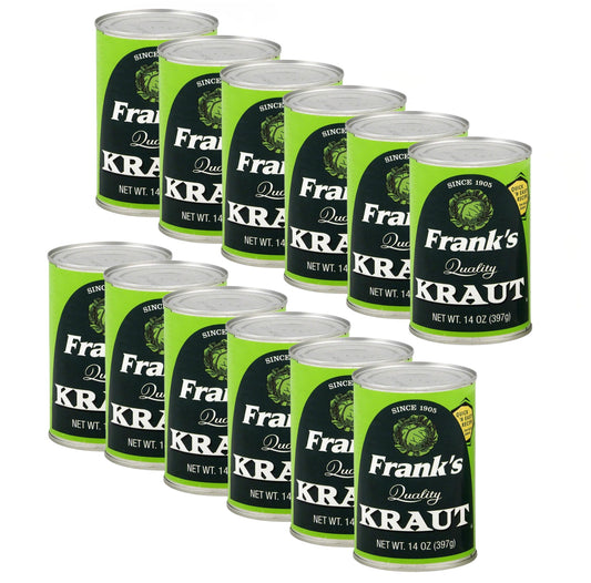 Frank’s Quality Kraut 14oz Cans (12 Pack) – Naturally Fermented Sauerkraut | Tangy, Crisp Flavor | Gluten-Free, Vegan | Perfect for Hot Dogs, Brats, Reubens & Family Meals