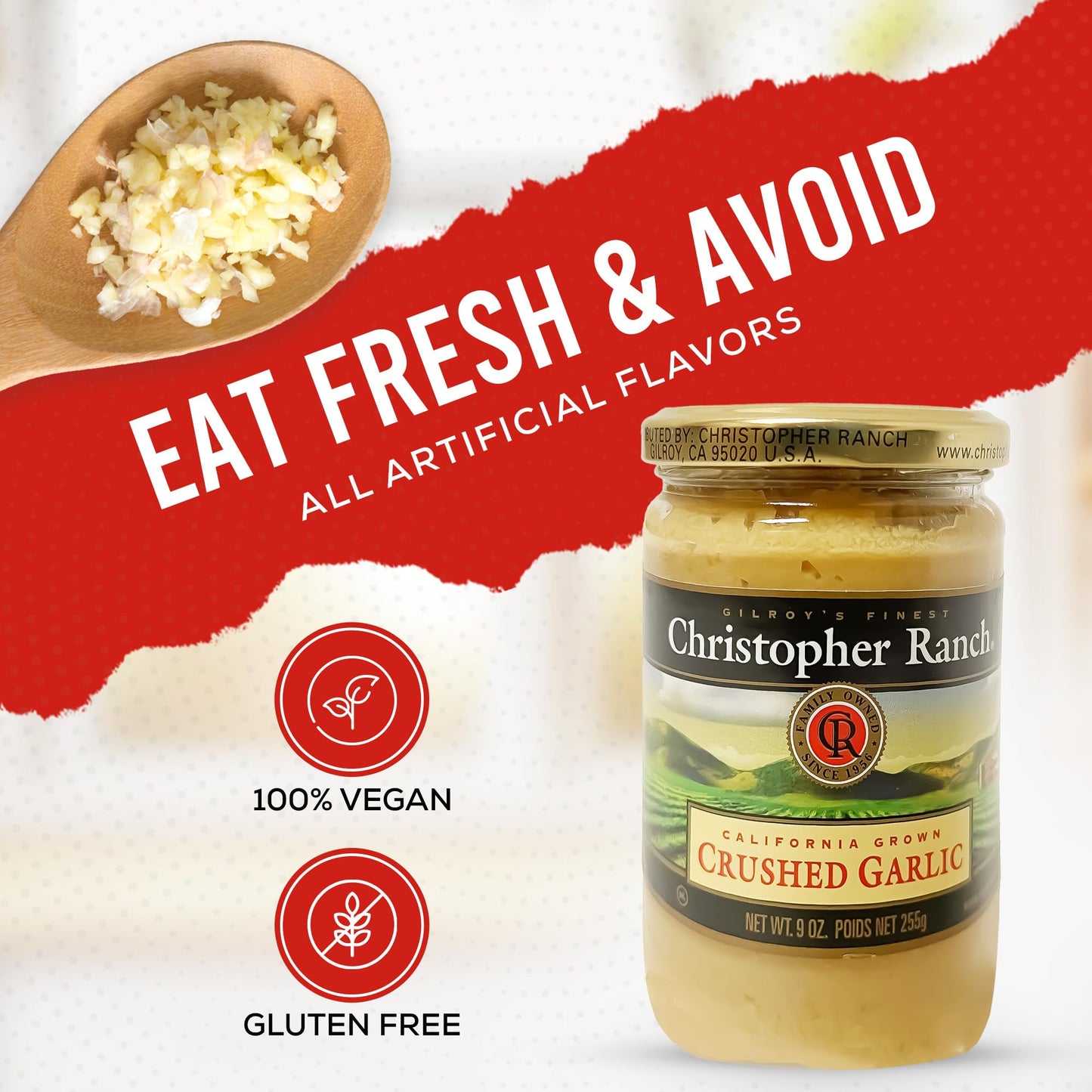 Christopher Ranch Crushed Garlic in Olive Oil | Heirloom California Garlic | Smooth Creamy Texture | Ready-to-Use, Premium Quality, Gluten-Free | Vegan-Friendly | 9 Oz / 255g Jar (Pack of 1)