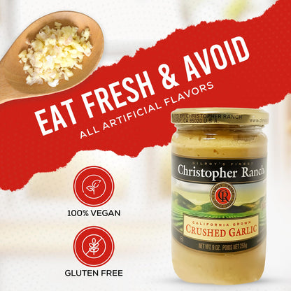 Christopher Ranch Crushed Garlic in Olive Oil | Heirloom California Garlic | Smooth Creamy Texture | Ready-to-Use, Premium Quality, Gluten-Free | Vegan-Friendly | 9 Oz / 255g Jar (Pack of 1)