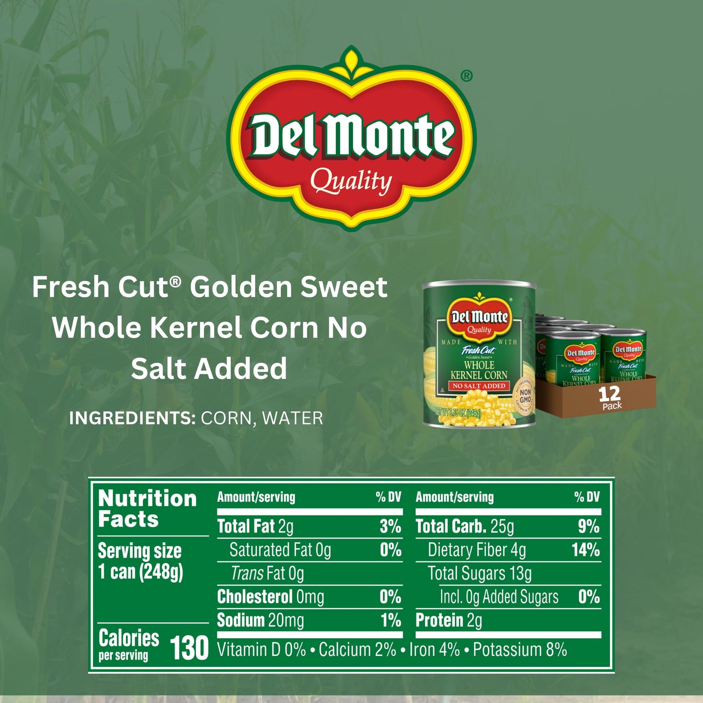 Del Monte Whole Kernel Gold Corn No Salt Added, 8.75-Ounce (Pack of 12)