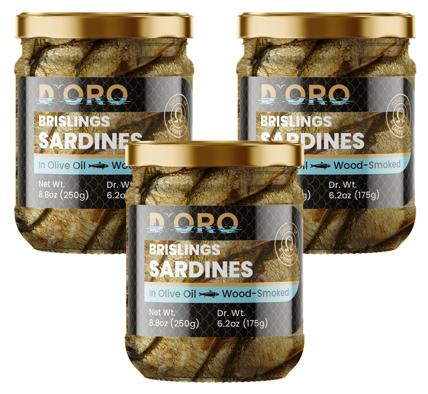 D’ORO Premium Smoked Brisling Sardines (Sprats), 26.4oz (3 × 8.8oz) – Wild-Caught, 1180mg Omega-3 per Serving, Pack of 3 Glass Jars