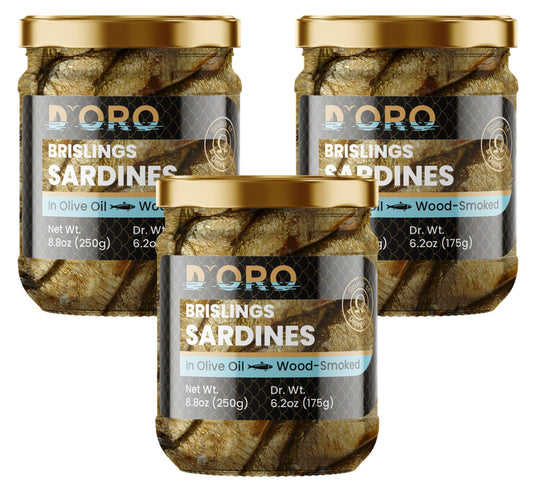 D’ORO Premium Smoked Brisling Sardines (Sprats), 26.4oz (3 × 8.8oz) – Wild-Caught, 1180mg Omega-3 per Serving, Pack of 3 Glass Jars