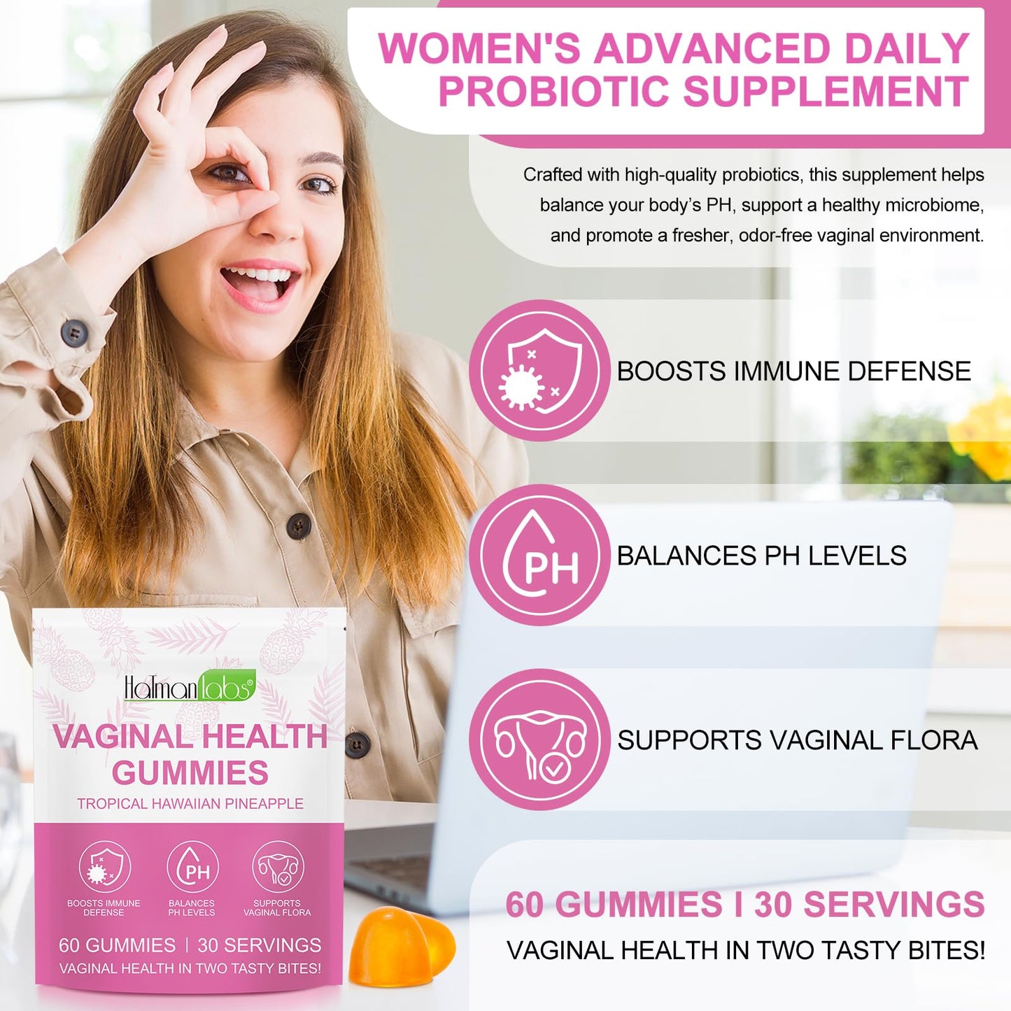 Vaginal Probiotics for Women,Ph Balance for Women,Feminine Balance Gummies,Womens Probiotic Vaginal Vitamins Supplement,Improve Immune,Promote Vaginal Health - 60 Pineapple Gummies