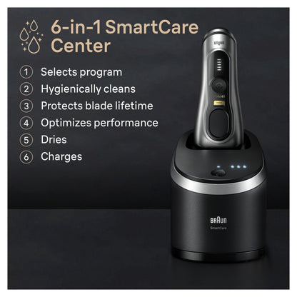 Braun Series 9 PRO+ Electric Razor for Men, 5 Pro Shaving Elements and Shave-Preparing ProComfort Head for Closeness & Skin Comfort, 6in1 SmartCare Center, Wet or Dry Shaver, Charging Stand, 9597cc