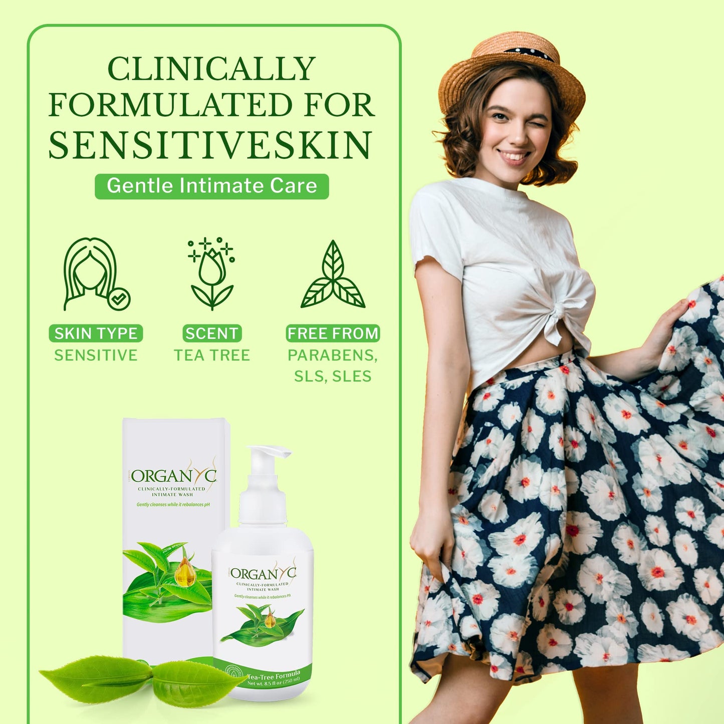 Organyc - Feminine Intimate Wash for Sensitive Skin - Free from Chlorine, Parabens, SLSSLES, and Synthetic Perfumes - 8.5 Fl Oz with Chamomile +Tea-Tree + Lavender