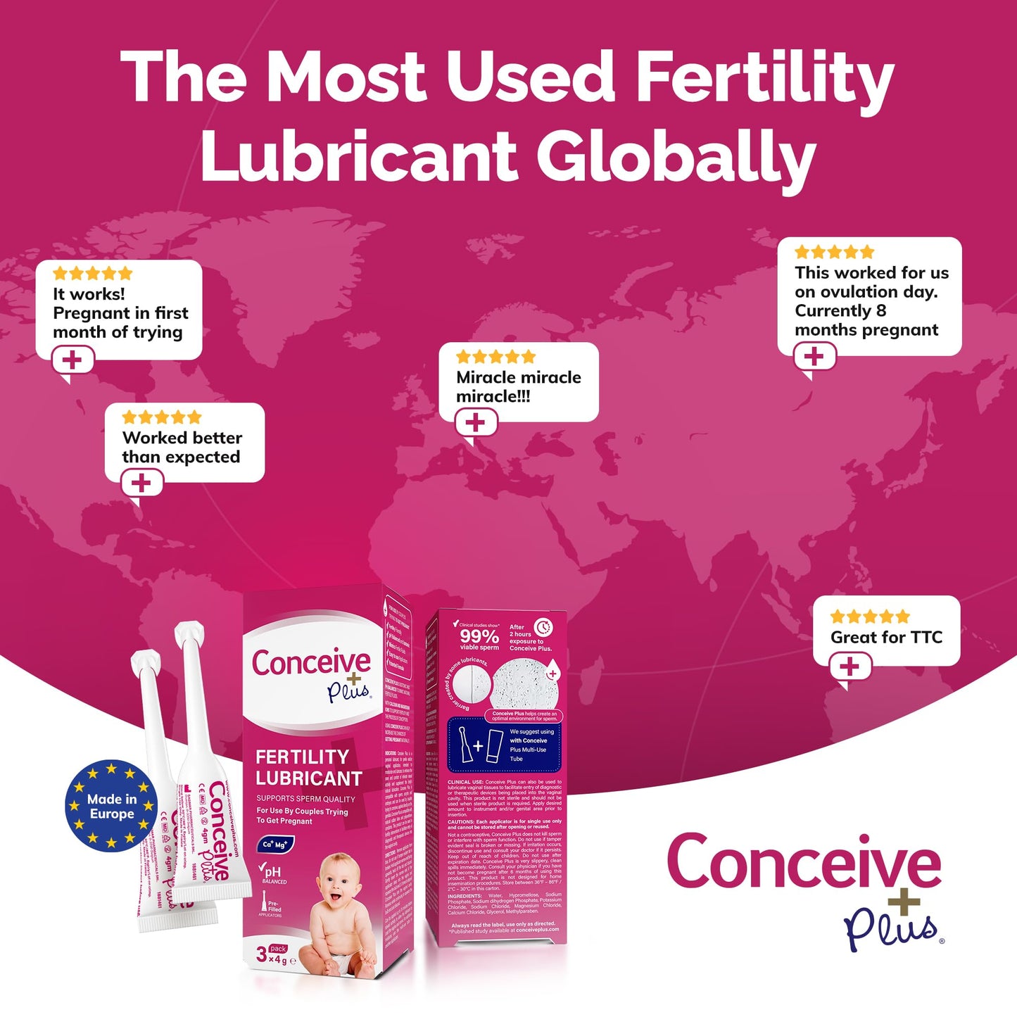 CONCEIVE PLUS Fertility Lubricant Pre Filled Applicators, Fertility & Sperm Friendly Lube for Couples TTC - Water Based Vaginal Moisturizer Safe for Pregnancy | 3 x 4g for Conception Support