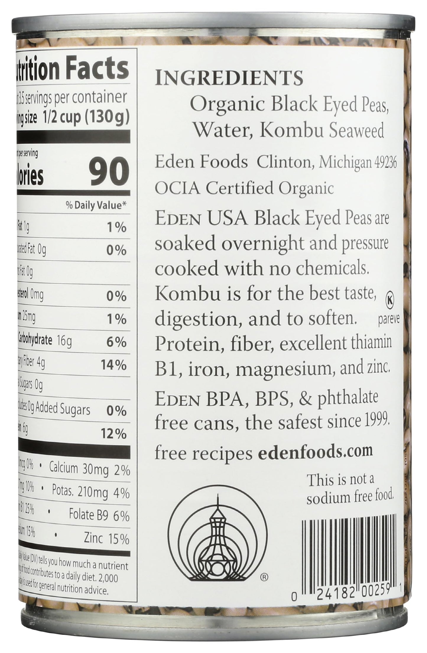 Eden Organic Black Eyed Peas, 15 oz Can, No Salt, Non-GMO, Gluten Free, Vegan, Kosher, U.S. Grown, Heat and Serve, No Preservative, Macrobiotic
