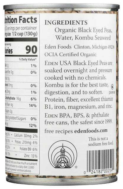 Eden Organic Black Eyed Peas, 15 oz Can, No Salt, Non-GMO, Gluten Free, Vegan, Kosher, U.S. Grown, Heat and Serve, No Preservative, Macrobiotic