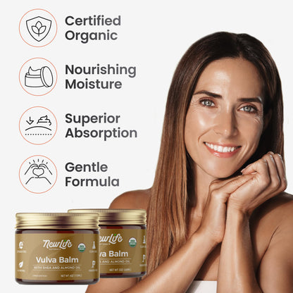 NewLife Naturals Certified Organic Vulva Balm Butter- Itching Dryness Irritation Menopause Support, Postpartum Essentials, Vaginal Moisturizer | All Natural Intimate Feminine Care - 4oz - USA