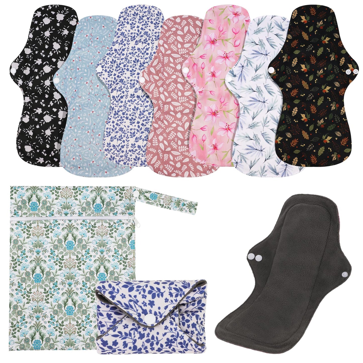 PHOGARY 7 Pack Reusable Menstrual Pads Large Sanitary Pads Set for Heavy Flow with 1 Wet Bag, Washable Overnight Cloth Panty Liners with Wings for Women, 33cm