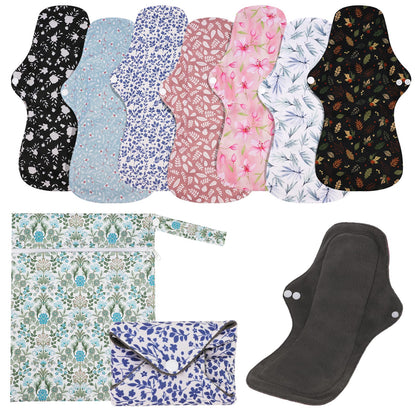 PHOGARY 7 Pack Reusable Menstrual Pads Large Sanitary Pads Set for Heavy Flow with 1 Wet Bag, Washable Overnight Cloth Panty Liners with Wings for Women, 33cm