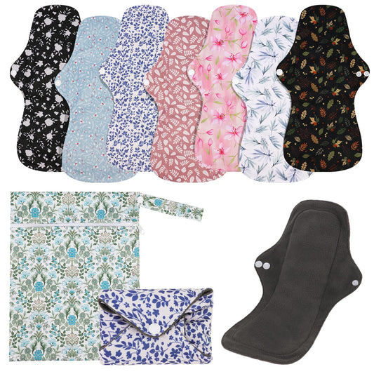 PHOGARY 7 Pack Reusable Menstrual Pads Large Sanitary Pads Set for Heavy Flow with 1 Wet Bag, Washable Overnight Cloth Panty Liners with Wings for Women, 33cm
