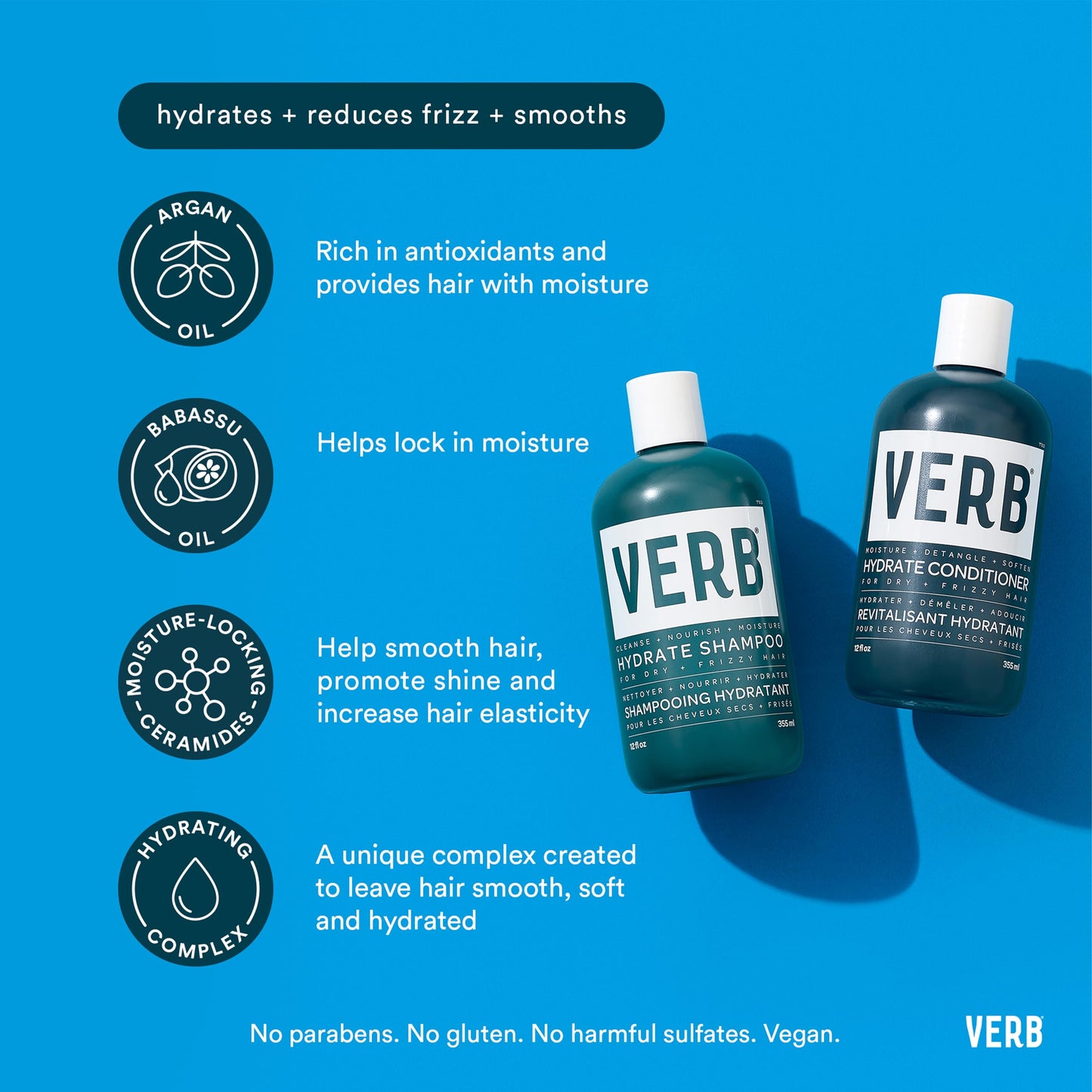 VERB Hydrate Shampoo + Conditioner Duo - Cleanses + Nourishes Dry + Frizzy Hair to Smooth + Reduce Frizz - Amber + Warm Jasmine Scent