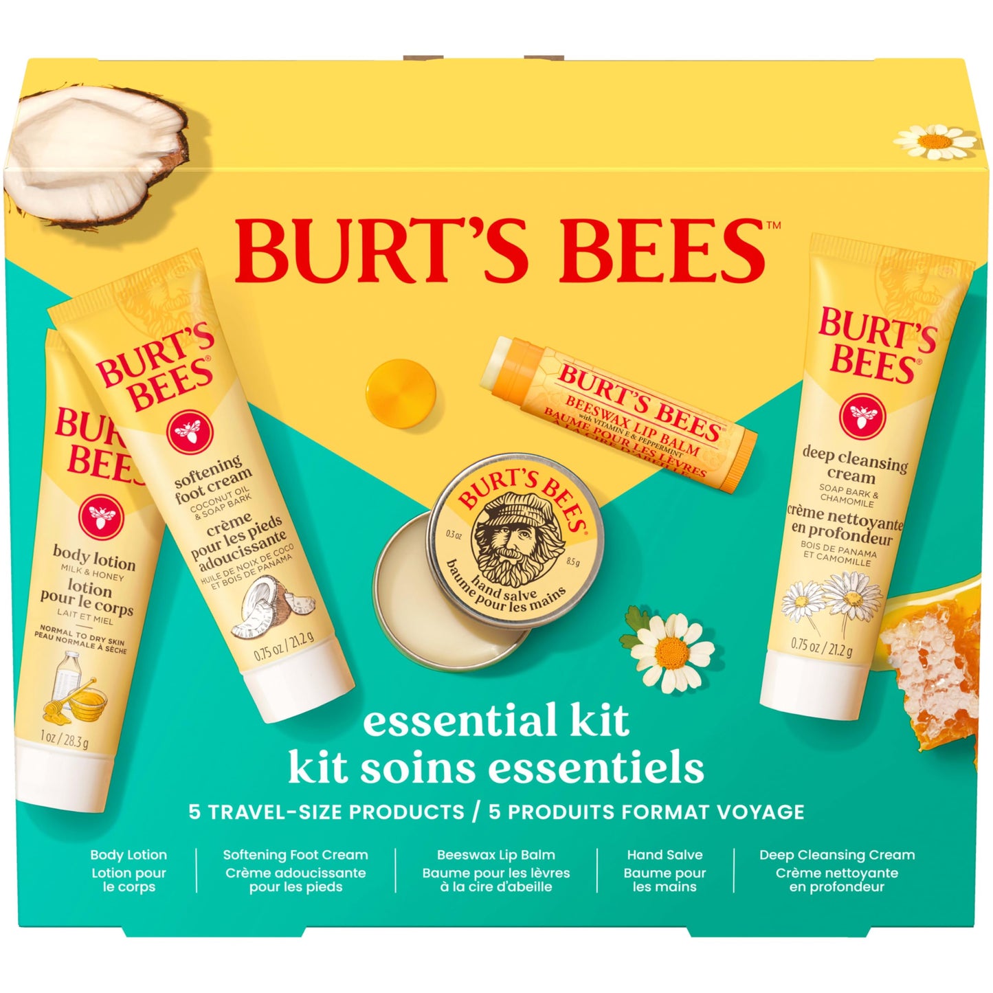 Burt's Bees Gift Ideas - Essentials Everyday Set, 5 Travel Size Products - Deep Cleansing Cream, Hand Salve, Body Lotion, Foot Cream and Original Lip Balm