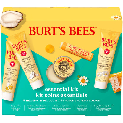 Burt's Bees Gift Ideas - Essentials Everyday Set, 5 Travel Size Products - Deep Cleansing Cream, Hand Salve, Body Lotion, Foot Cream and Original Lip Balm