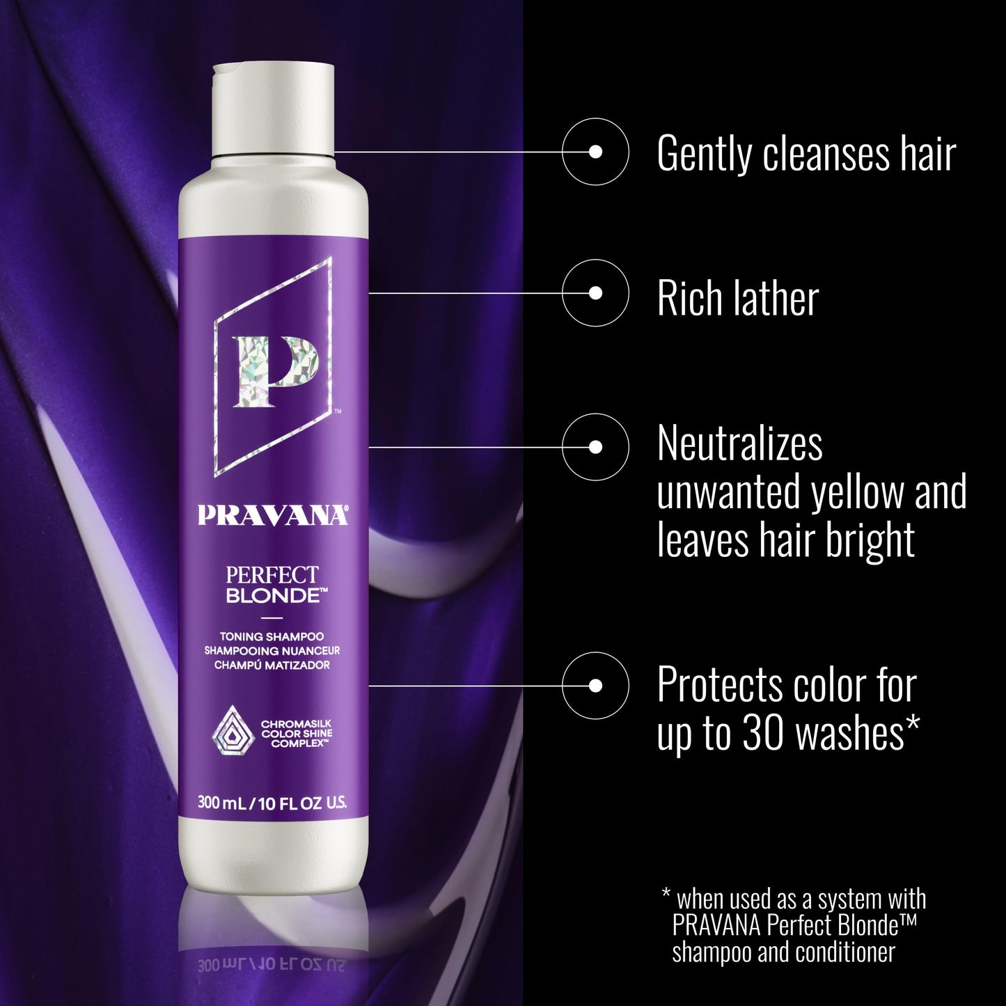 Pravana The Perfect Blonde Purple Toning Shampoo | Neutralizes Brassy, Yellow Tones | For Color Treated Hair | Chromasilk Enhances Shine & Protection | Vegan, Cruelty-Free | Paraben & Sulfate Free