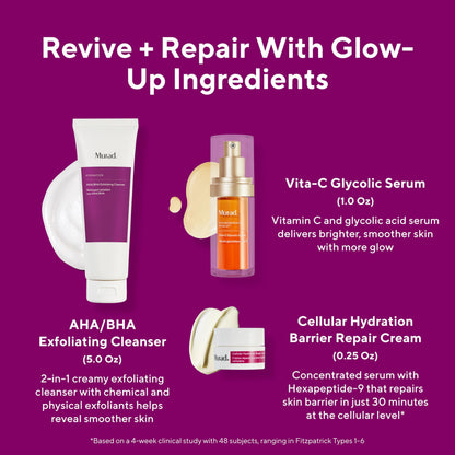 Murad Revive + Repair w/Glow Up Ingredients - 3-Piece Set ($135 Value) - Regimen for Total Skin Health - AHA/BHA Cleanser 5.0Fl Oz, Glycolic Serum 1.0Fl Oz, Cellular Hydration Cream 0.25Fl Oz