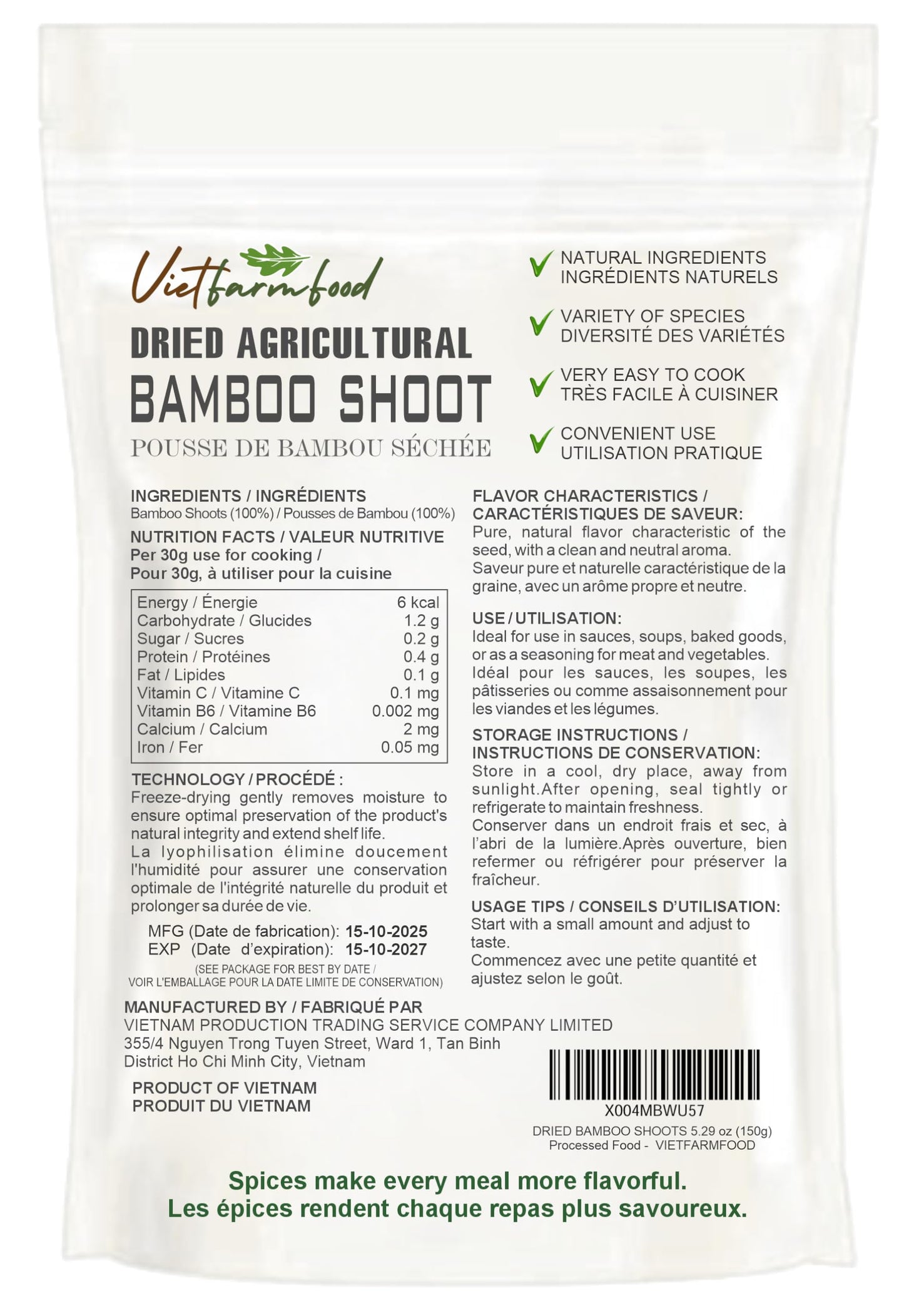 DRIED FOREST BAMBOO SHOOT 5.29 Oz (150g) VIETFARMFOOD: Dried agricultural product with pure natural flavor. Used as cooking ingredients to prepare delicious, nutritious dishes, suitable for vegetarian