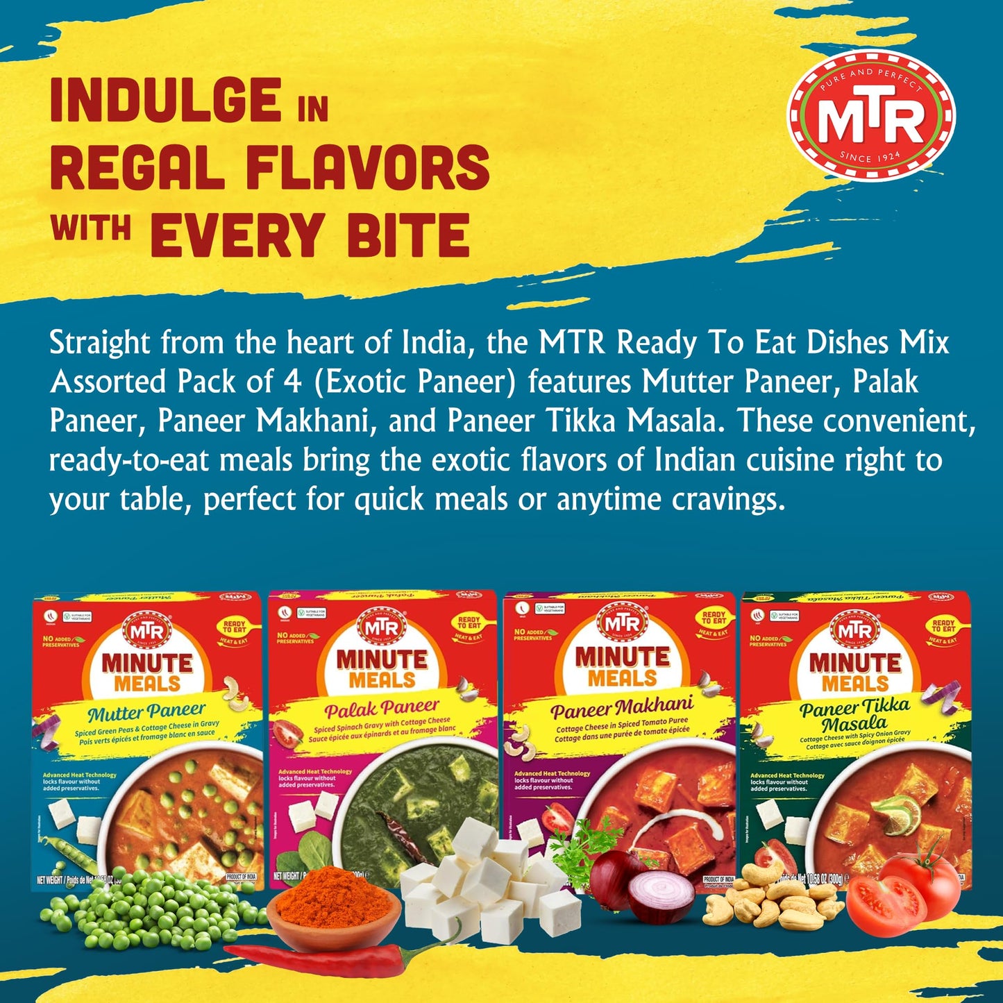 MTR Ready-To-Eat: Exotic Paneer Mix - Assorted Pack of 4 (Mutter Paneer, Palak Paneer, Paneer Makhani, Paneer Tikka Masala) - Authentic Indian Food with No Added Preservatives - Suitable for Vegetarians