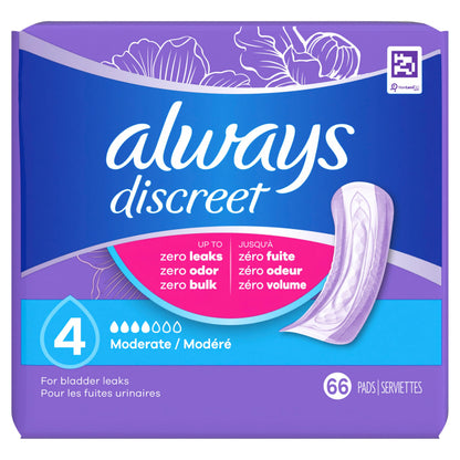 Always Discreet Adult Incontinence Pads for Women, Drier, 4 Drop Regular Length, Moderate Absorbency, Pads for Bladder Control Management, Bladder Leaks, & Postpartum Pads, 66ct