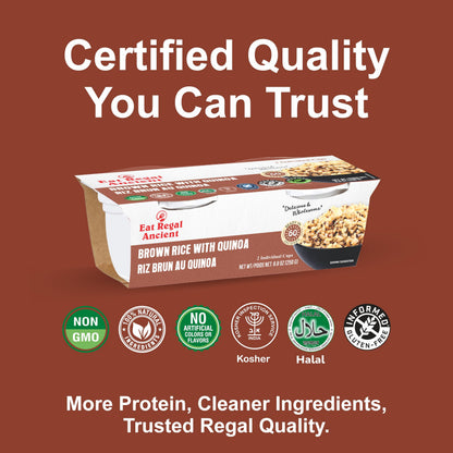 Eat Regal Brown Rice with Quinoa Cups, Nutty & Wholesome, 6 Clean Non GMO Ingredients, Ready in 1 Minute, 10g Protein 6g Fiber, Vegan Gluten-Free, 8.8oz (2×125g), No Leftovers No Mess | Pack of 6