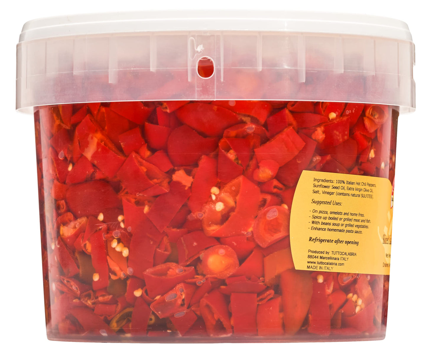 TUTTOCALABRIA Sliced Calabrian Chili Peppers in Oil, Bulk Foodservice Tub, 97 oz, chopped, rounds, Topping, All Natural, Non-GMO, Product of Italy