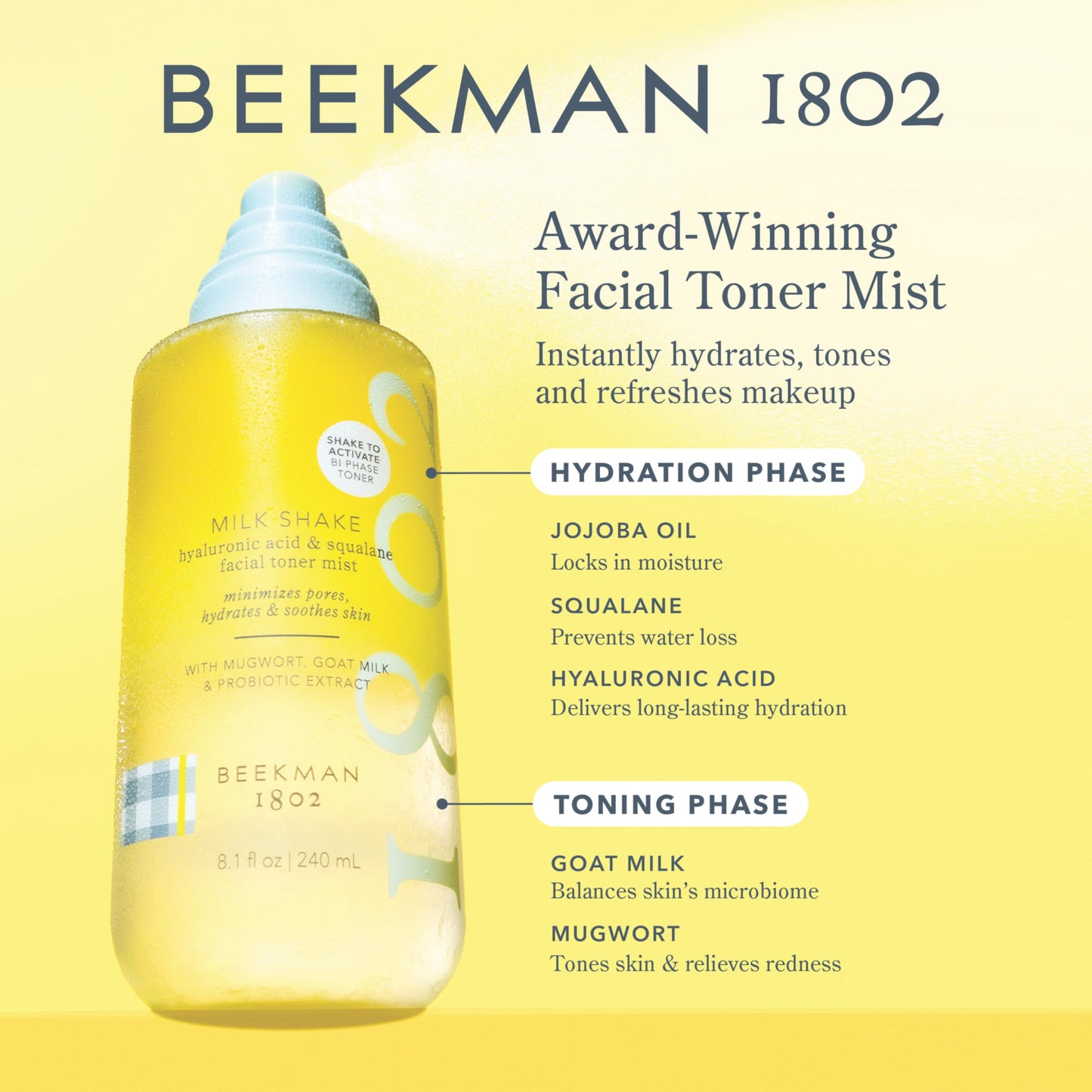 Beekman 1802 Milk Shake Hydrating Face Mist – Setting Spray & Milky Toner with Hyaluronic Acid & Squalane – Facial Toner & Face Spray – Lightweight Hydration, Minimizes Pores, Fragrance Free 8.1 Fl Oz